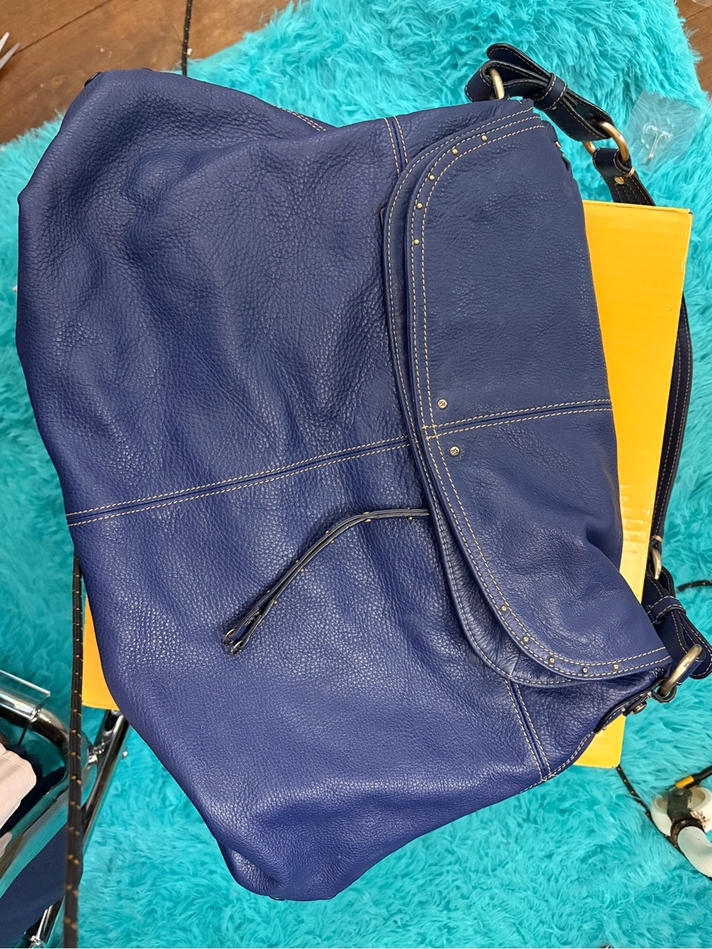 Hayden-Harnett Ana Cobalt Blue Pebbled Leather Oversized Hobo Bag Y2K